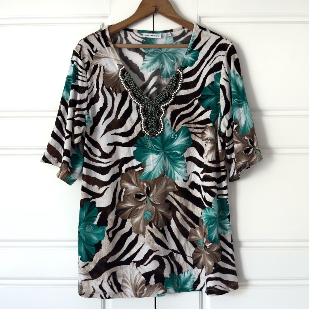 Susan Graver Liquid Knit Floral Animal Print Tunic Top L Zebra Beaded Artsy Bold